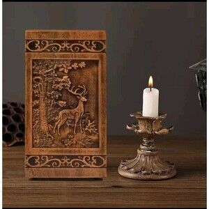 Pine Wood Cremation Urn for Nature Lover Intricate Carved Deer Nature Scene